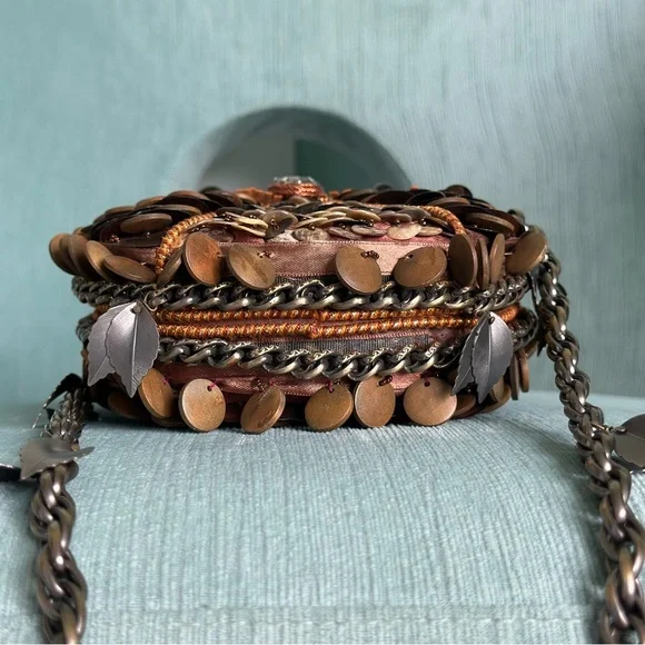 MARY FRANCES What A Hoot Owl Copper Metallic Mixed Metal Beaded Clutch Crossbody - Picture 5 of 14